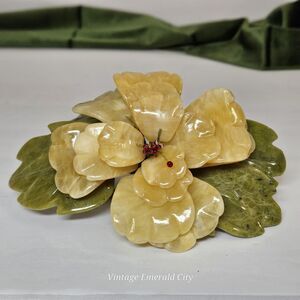 Vtg Chinese Hand Carved Jade Stone Serpentine Yellow Flower Free Standing